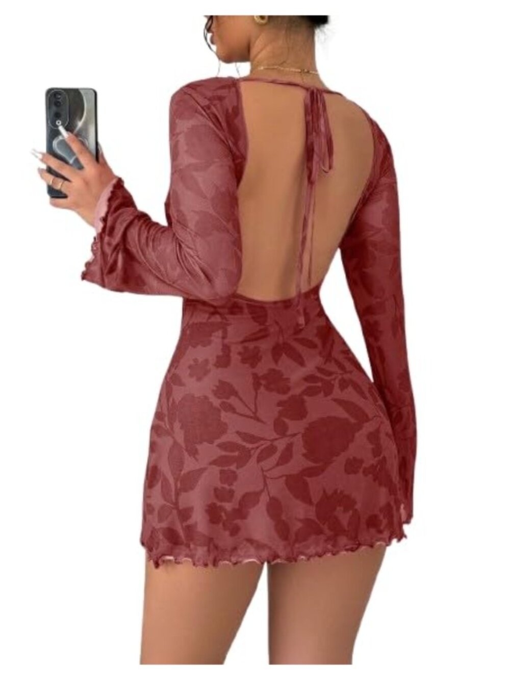 Women's Floral Mesh Bodycon Mini Dress Bell Sleeve Backless Y2K